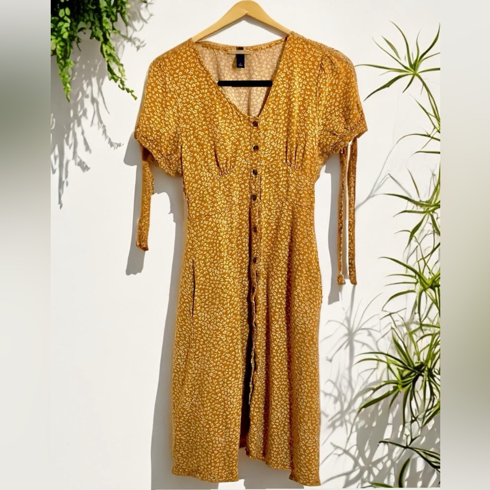 Universal Thread Mustard Yellow Floral Prairie Cottage Empire Waist Midi Dress